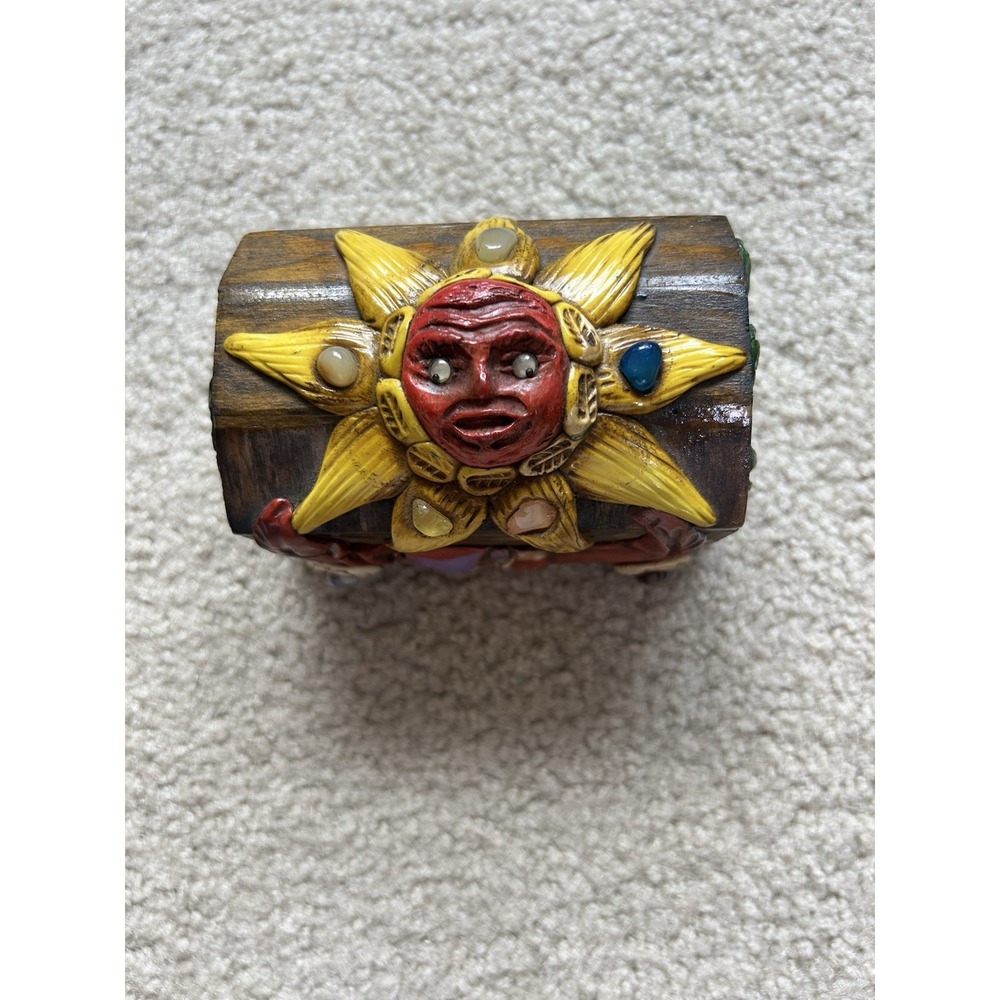 Vtg Wooden Handmade Celestial Sun & Moon Clay Art Trinket Box OOAK